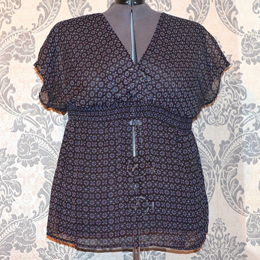 Black Purple Smocked Babydoll Empire V Neck Top